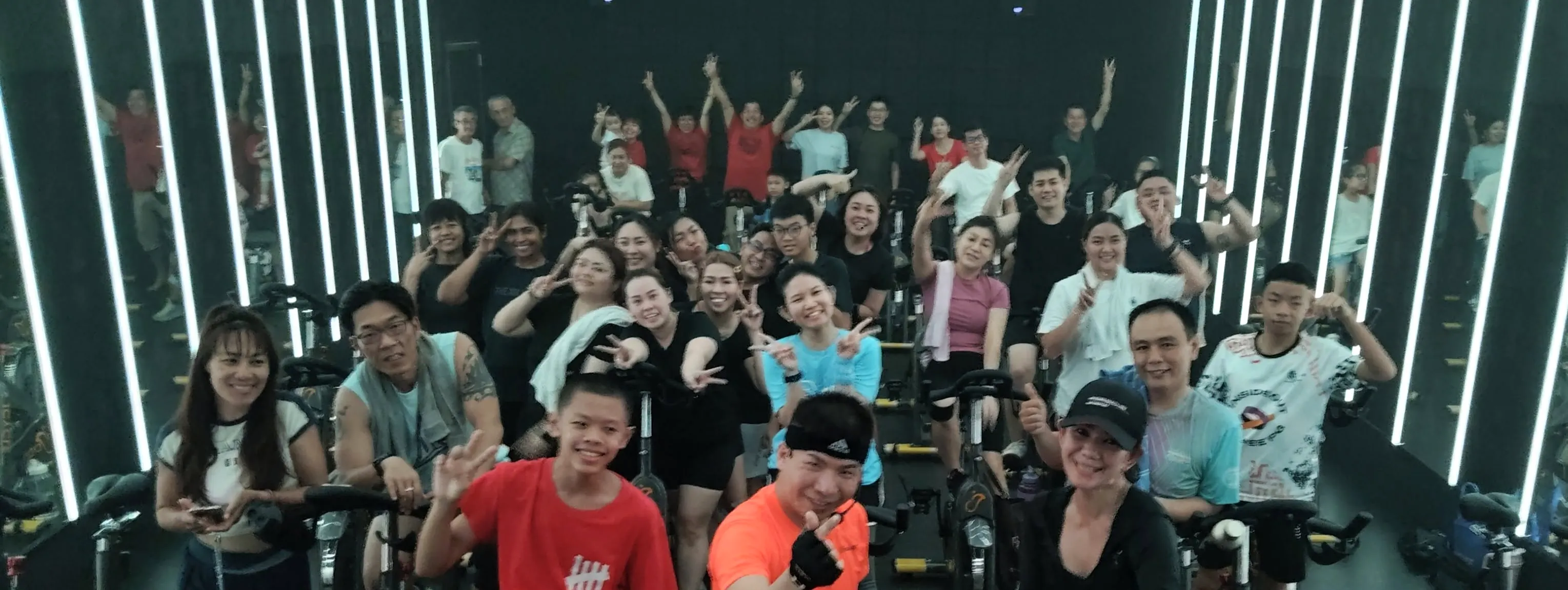 The J Cycle room, a full class under the light bars